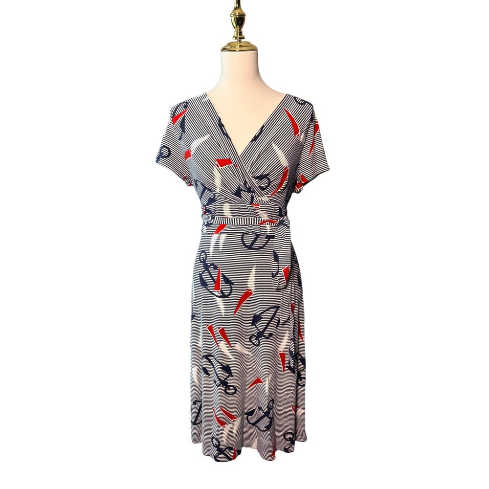 Talbots Nautical Stripe Anchor Sailboat Wrap Dress Navy Red White Large Preppy